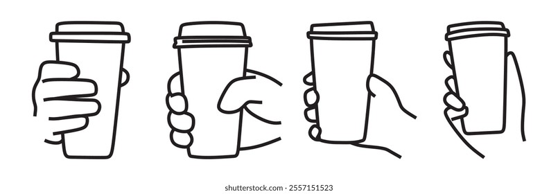 simple icon, hand holding coffee cup, vector line art