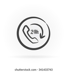 Simple icon of handset and 24h text in circle with shadow.