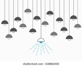 simple icon hanging lightbulb line art with blue light for background, wallpaper, banner, label etc. vector design.