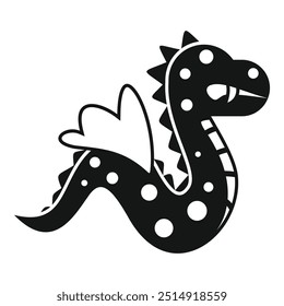 Simple icon of a happy, smiling dragon with small wings, a long body and spots