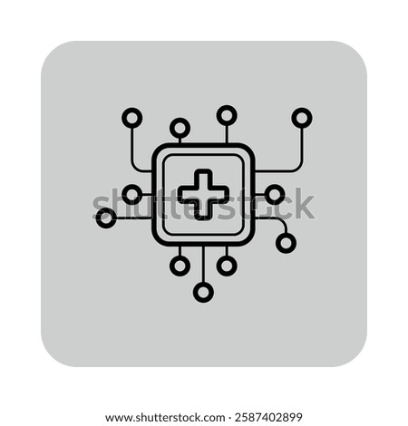 Simple icon of health technology. Central plus sign connected to nodes, symbolizing network of health-related data and innovation