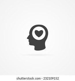 Simple icon of heart symbol in human head. Gray icon with shadow and white background.