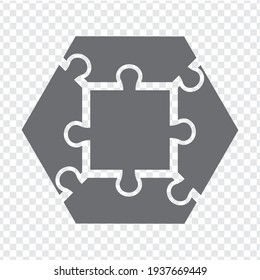 Simple icon hexagon puzzle in gray. Simple icon puzzle of the  four elements and center on transparent background for your web site design, app, UI. EPS10.