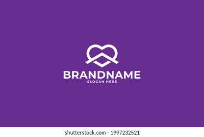Simple icon of house with heart shape within. home template logo.