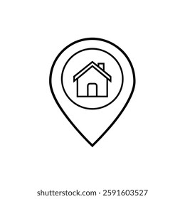 a simple icon of a house inside a location pin, typically used to represent home or address on maps or navigation systems.