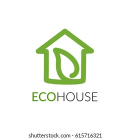 Simple icon of house with leaf within. House line art shape. Vector symbol logo template easy to edit.