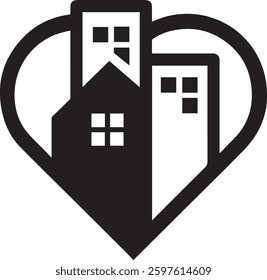 Simple icon of house with love shape within. House art shape. Vector symbol logo template easy to edit.