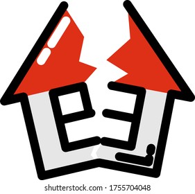 A Simple Icon With A House Split In Two After An Earthquake. For Information On The Dangers Of Natural Disasters Or An Example Of Insurance