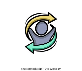 simple icon human fit with hands up and two arrow circling logo design template illustration