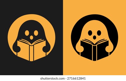 Ilustración simple del icono de un fantasma amistoso de la historieta que lee un libro en un fondo partido