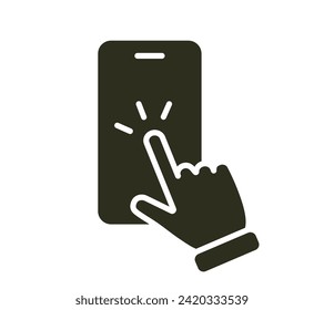 Simple icon illustration of a hand touching a smartphone