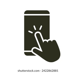 Simple icon illustration of a hand touching a smartphone