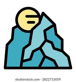Simple icon illustration representing a snowy mountain with sun shining over it