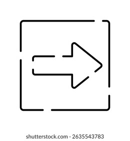 A simple icon illustration of a right-facing arrow surrounded by a square. The color is black.