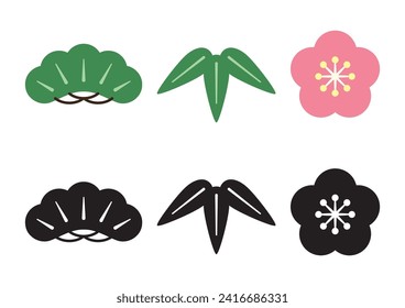 A simple icon illustration of "Shochikubai" (Japanese lucky charms: pine, bamboo leaves, and plum blossoms) (black and white and color set)