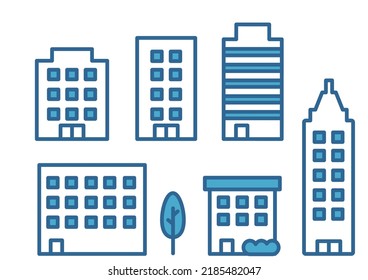 Icono simple ilustración de varios edificios como edificios altos y casas Azul