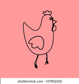 Simple icon with the image of a black chicken contour on a pink background. Fashion illustration in a flat style.