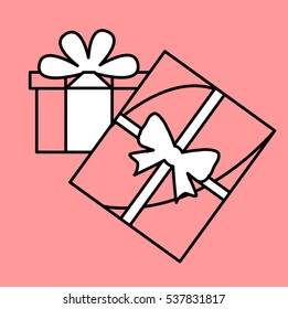 Simple icon with the image of a black contour gifts with white bows on a pink background. Fashion illustration in a flat style.