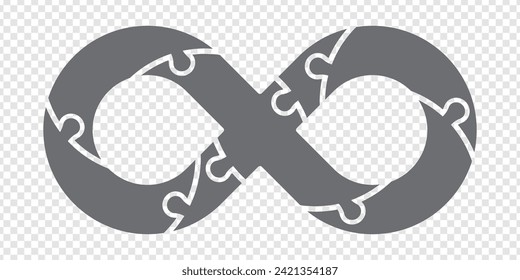 Simple icon Infinity puzzle in gray. Infinity puzzle of seven pieces on transparent background. Flat design.  EPS10.