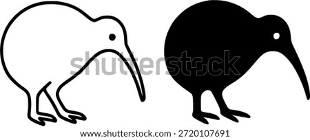 Simple icon, kiwi bird illustration, outline and silhouette versions