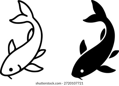 Simple icon, koi fish illustration, outline and silhouette versions