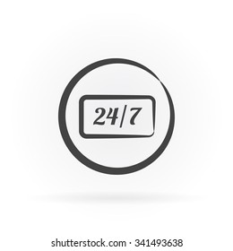 Simple icon of label with 24/7 text in circle with shadow.
