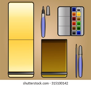 Simple icon of landscape sketchbook, drawing tool and watercolor. 