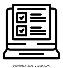 Simple icon of a laptop displaying a survey being filled out with two check marks indicating agreement