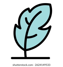 Simple icon of a light blue tropical leaf growing from a black line, in a hand drawn style