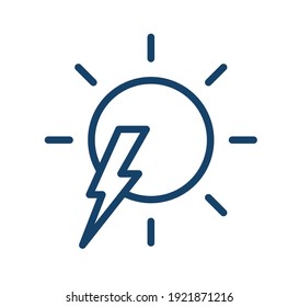 Simple icon in line art style of sun and flash of lightning. Thunderstorm and sunny weather. Linear flat vector illustration isolated on white background