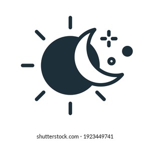 Simple icon in line art style with sun, half-moon and stars. Change of day and night concept. Linear flat vector illustration isolated on white background