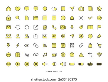 Conjunto amarillo de la línea del icono simple, pictograma, SNS
