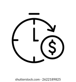 
A simple icon line drawing of a clock with a dollar sign.