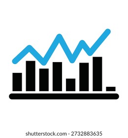 Ein einfaches Symbol eines Liniendiagramms mit einer blauen Linie, die über schwarzen Balken nach oben verläuft