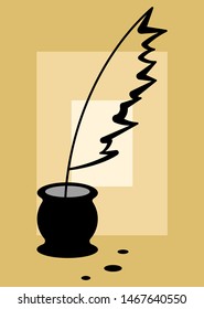 A simple icon / logo of a transparent bird feather in a black inkwell and with three drops of ink nearby (on a three-color background for clarity), vector graphics, vector illustration
