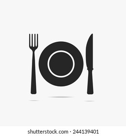 Simple icon lunch, which consists of a plate, knife and fork.
