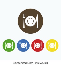 Simple icon lunch, which consists of a plate, knife and fork.