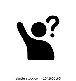 Simple icon with man or person with raised hand and a question mark.Uncertain person asking question icon isolated on white