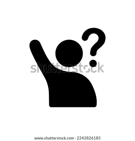 Simple icon with man or person with raised hand and a question mark.Uncertain person asking question icon isolated on white
