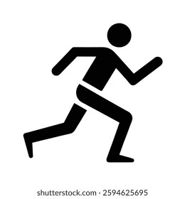 Simple icon of a man running on a white background, representing movement, fitness, and athletic activity.