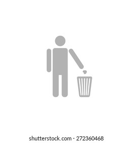 Simple icon man throwing garbage into a trash can.