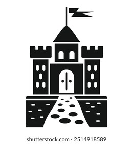 Simples ícone de um castelo medieval com um caminho de paralelepípedo que conduz à entrada