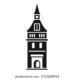 Simple icon of a medieval town hall building with arched entrance, windows and a spire