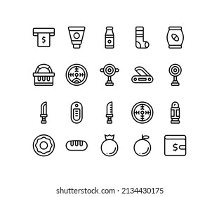 Simple icon of Military-related line icon. Contain such icons as knife, radar, bullets, sausage. Editable stroke.
