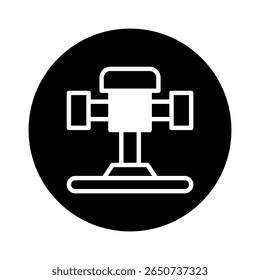 A simple icon of a milling machine inside a black circle presents manufacturing and engineering with clarity and precision