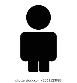 Simple icon, minimalist design, black silhouette, human figure, circular head, rectangular body, gender-neutral, bathroom sign style, high contrast, stark black and white, clean lines, geometric shape