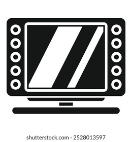 Simple icon of an old television set standing on a shelf, displaying static noise, in black and white