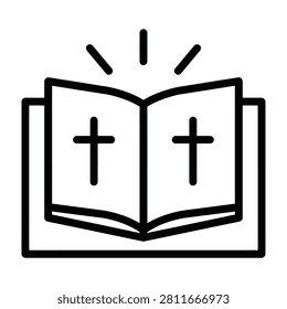 Simple icon of an open bible with a cross on each page and light rays