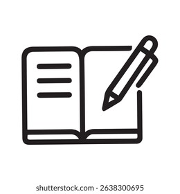 A simple icon of an open book with a pen on the pages, symbolizing writing, note-taking, education, and creativity. Ideal for illustrating concepts and ideas in design projects.