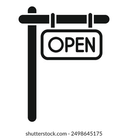 Simple icon of an open sign hanging from a wooden bar, indicating the shop is open for business